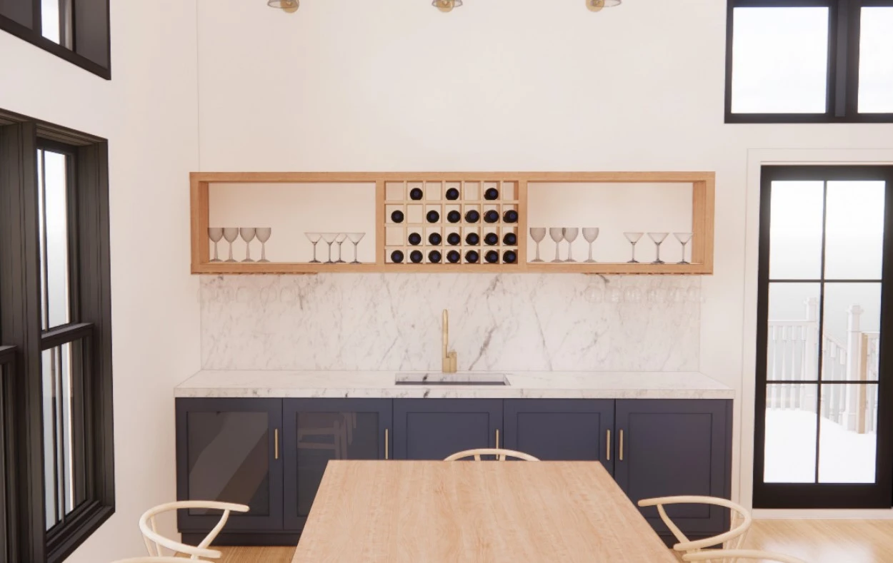 Architect rendering of wet bar with gray lower cabinets, marble countertops and back splash, brass faucet, and a white oak upper cabinet wine display.